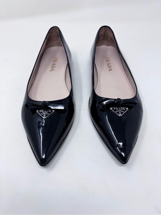 Prada Shoes - Prada Ballet Flat Bow Black Patent Leather Triangle Logo Pointed Toe size 38